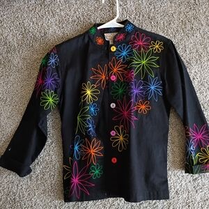 Life Style Petite Black Floral Embroidered Button-Up Top